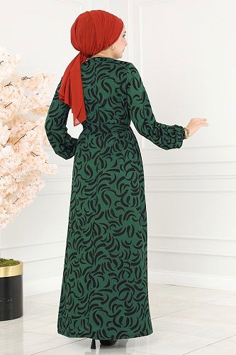 moda selvim Damla Desen Helen Elbise 232DVL817 Zümrüt - Thumbnail