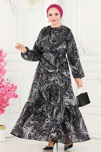 moda selvim Dalga Desen Şifon Elbise 6094BSK463 Siyah - Thumbnail