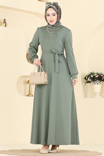 moda selvim Dalgıç Kumaş Kemerli Elbise 5573ZNNK1102 Mint - Thumbnail