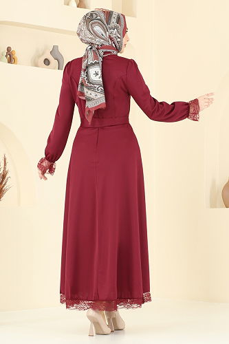 moda selvim Dantel Detay Tesettür Elbise 363DVL817 Bordo - Thumbnail