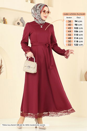 moda selvim Dantel Detay Tesettür Elbise 363DVL817 Bordo - Thumbnail