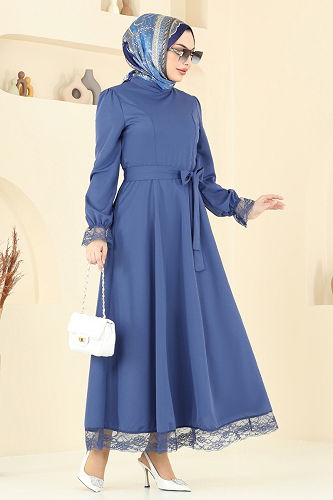 moda selvim Dantel Detay Tesettür Elbise 363DVL817 İndigo - Thumbnail