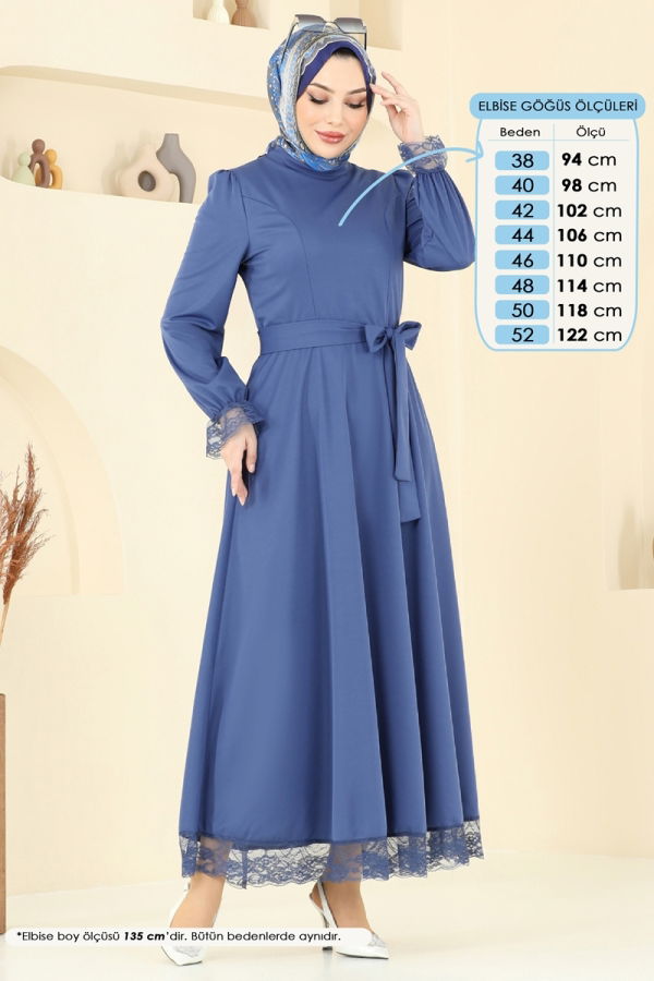 Modaselvim Elbise Dantel Detay Tesettür Elbise 363DVL817 İndigo