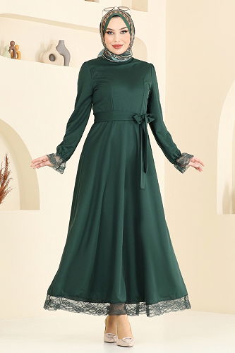 moda selvim Dantel Detay Tesettür Elbise 363DVL817 Zümrüt - Thumbnail