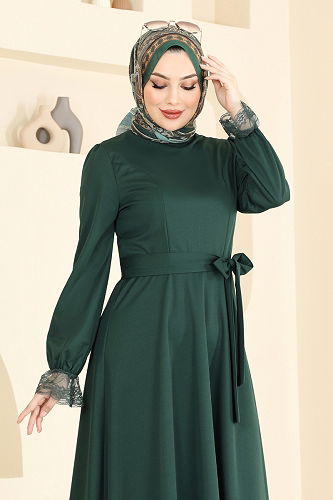 moda selvim Dantel Detay Tesettür Elbise 363DVL817 Zümrüt - Thumbnail