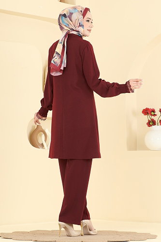 moda selvim Dantel Detaylı 2 li Takım PL9228 Bordo - Thumbnail