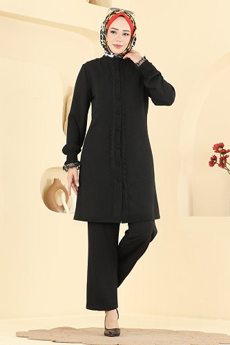 moda selvim Dantel Detaylı 2 li Takım PL9228 Siyah - Thumbnail