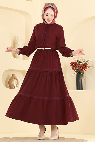moda selvim Dantel Detaylı 2 Lİ Takım PL9229 Bordo - Thumbnail