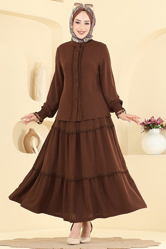 moda selvim Dantel Detaylı 2 Lİ Takım PL9229 Kahve - Thumbnail
