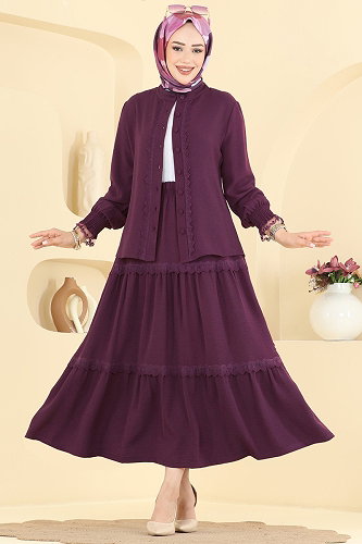 moda selvim Dantel Detaylı 2 Lİ Takım PL9229 Mürdüm - Thumbnail