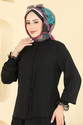 moda selvim Dantel Detaylı 2 Lİ Takım PL9229 Siyah - Thumbnail