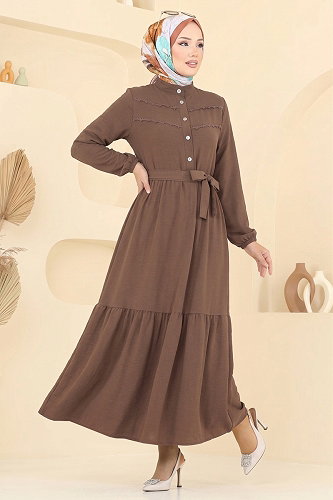 moda selvim Dantel Detaylı Aerobin Elbise 5011BM387 Kahve - Thumbnail