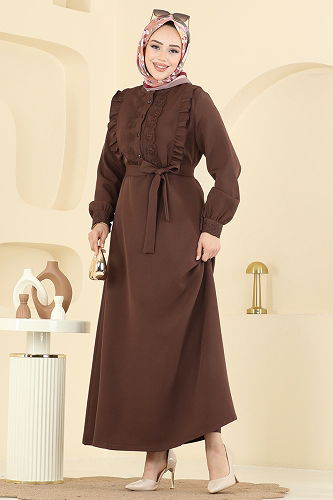 moda selvim Dantel Detaylı Dabıl Elbise PL9184 Kahve - Thumbnail