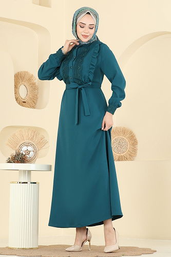 moda selvim Dantel Detaylı Dabıl Elbise PL9184 Petrol - Thumbnail