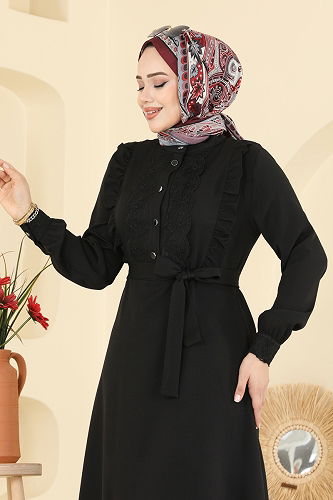 moda selvim Dantel Detaylı Dabıl Elbise PL9184 Siyah - Thumbnail