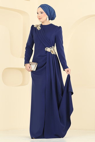 moda selvim Dantel Detaylı Drapeli Abiye ASM2864 Açık Laci - Thumbnail