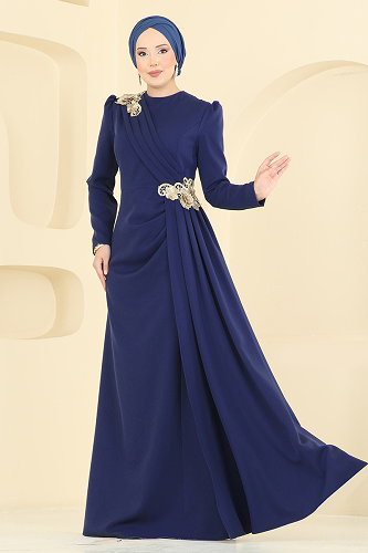 moda selvim Dantel Detaylı Drapeli Abiye ASM2864 Açık Laci - Thumbnail
