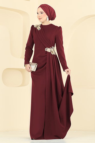 moda selvim Dantel Detaylı Drapeli Abiye ASM2864 Bordo - Thumbnail