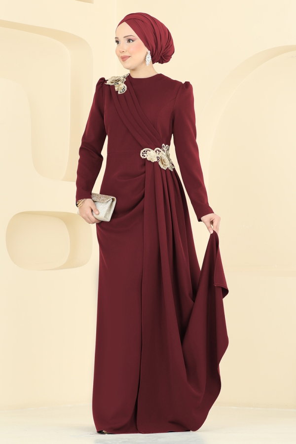 Modaselvim ABİYE Dantel Detaylı Drapeli Abiye ASM2864 Bordo