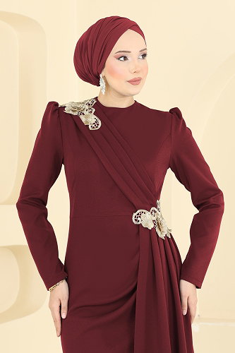 moda selvim Dantel Detaylı Drapeli Abiye ASM2864 Bordo - Thumbnail