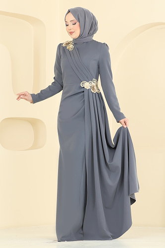 moda selvim Dantel Detaylı Drapeli Abiye ASM2864 Gri - Thumbnail