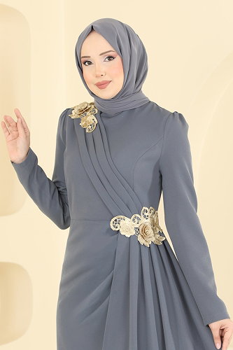 moda selvim Dantel Detaylı Drapeli Abiye ASM2864 Gri - Thumbnail