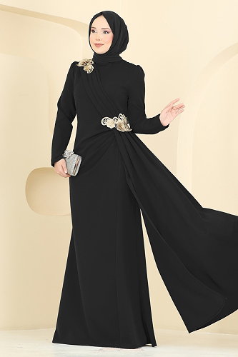 moda selvim Dantel Detaylı Drapeli Abiye ASM2864 Siyah - Thumbnail