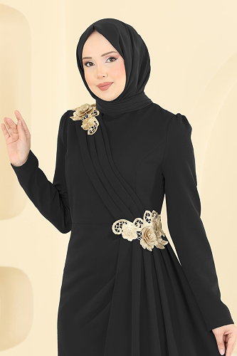 moda selvim Dantel Detaylı Drapeli Abiye ASM2864 Siyah - Thumbnail