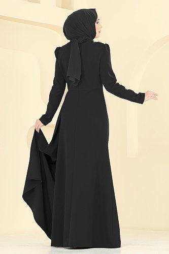moda selvim Dantel Detaylı Drapeli Abiye ASM2864 Siyah - Thumbnail