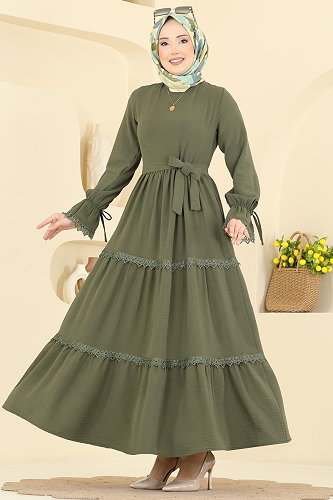 moda selvim Dantel Detaylı Katlı Elbise 3388HBS856 Haki - Thumbnail