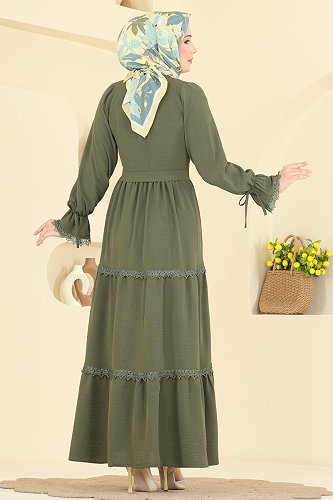 moda selvim Dantel Detaylı Katlı Elbise 3388HBS856 Haki - Thumbnail