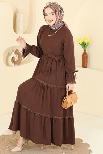 moda selvim Dantel Detaylı Katlı Elbise 3388HBS856 Kahve - Thumbnail