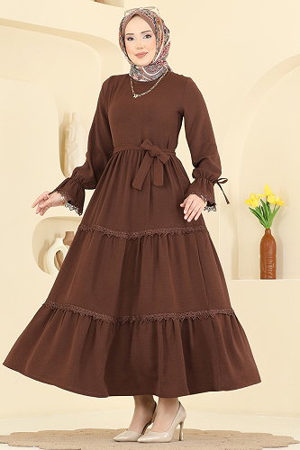 moda selvim Dantel Detaylı Katlı Elbise 3388HBS856 Kahve - Thumbnail