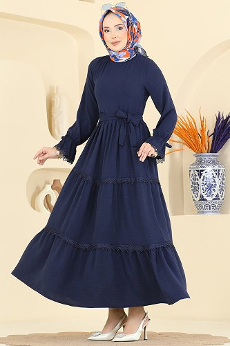 moda selvim Dantel Detaylı Katlı Elbise 3388HBS856 Laci - Thumbnail