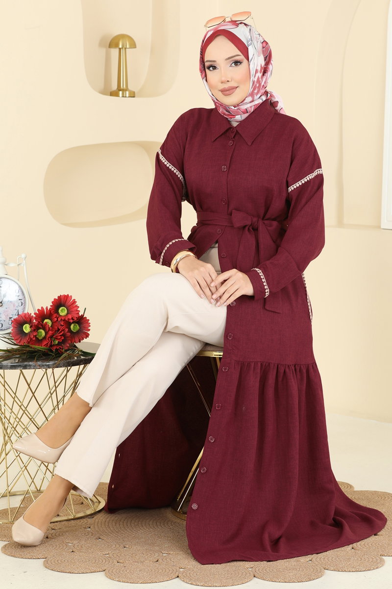 Dantel Detaylı Kemerli Elbise 4130PM271 Bordo