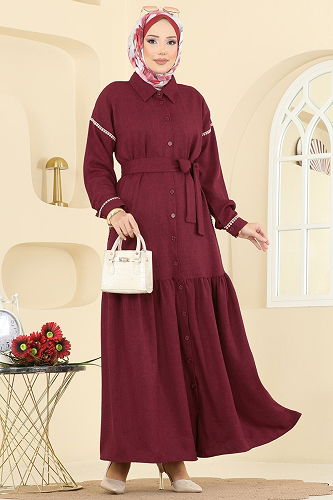 moda selvim Dantel Detaylı Kemerli Elbise 4130PM271 Bordo - Thumbnail