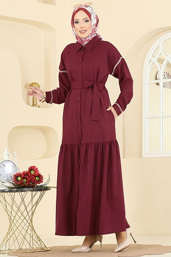 moda selvim Dantel Detaylı Kemerli Elbise 4130PM271 Bordo - Thumbnail