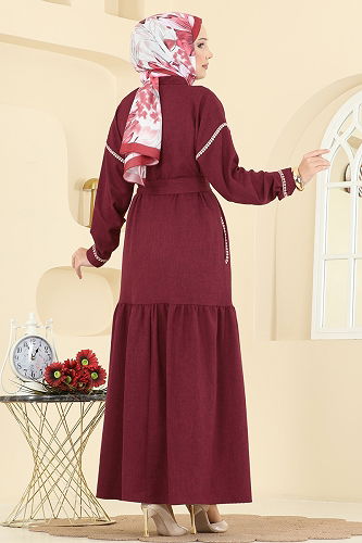 moda selvim Dantel Detaylı Kemerli Elbise 4130PM271 Bordo - Thumbnail