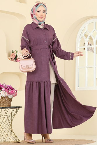 moda selvim Dantel Detaylı Kemerli Elbise 4130PM271 Koyu Gül Kurusu - Thumbnail