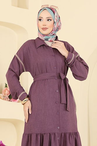 moda selvim Dantel Detaylı Kemerli Elbise 4130PM271 Koyu Gül Kurusu - Thumbnail