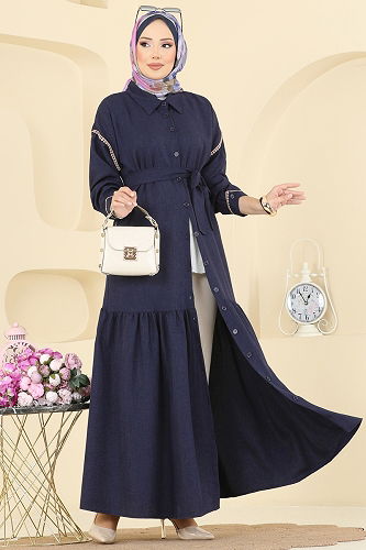 moda selvim Dantel Detaylı Kemerli Elbise 4130PM271 Laci - Thumbnail