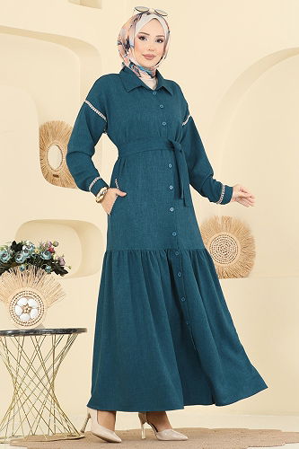 moda selvim Dantel Detaylı Kemerli Elbise 4130PM271 Petrol - Thumbnail