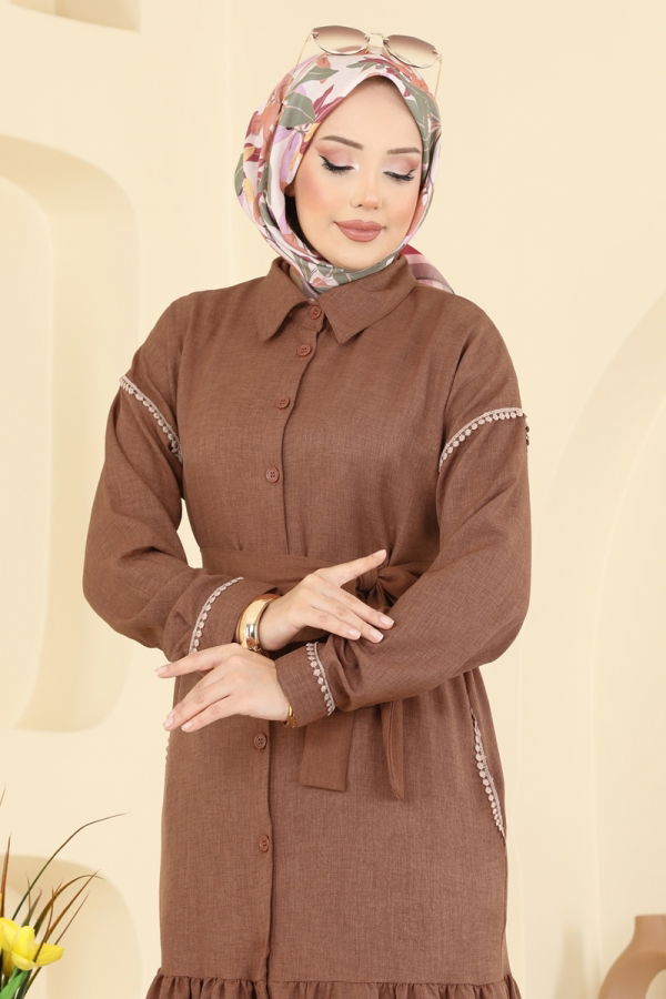 Modaselvim Elbise Dantel Detaylı Kemerli Elbise 4130PM271 Taba