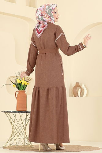 moda selvim Dantel Detaylı Kemerli Elbise 4130PM271 Taba - Thumbnail