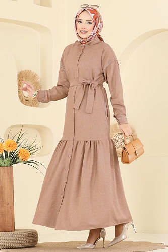 moda selvim Dantel Detaylı Kemerli Elbise 4130PM271 Vizyon - Thumbnail