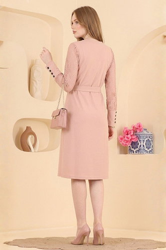 moda selvim Dantel Detaylı Kemerli Elbise 72493JNT1202 Pudra - Thumbnail