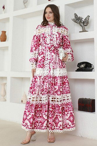 moda selvim SUAL Dantel Detaylı Krep Elbise 23177JNF844 Fuşya - Thumbnail