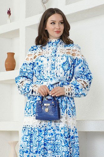 moda selvim SUAL Dantel Detaylı Krep Elbise 23177JNF844 Mavi - Thumbnail