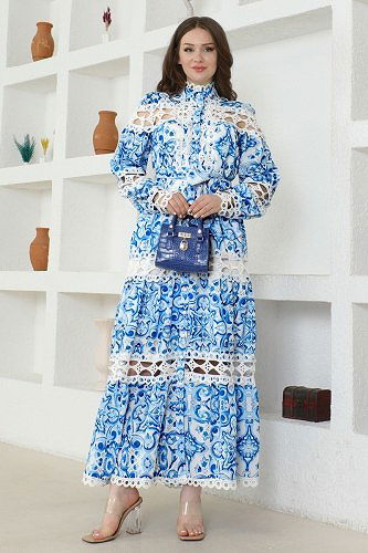 moda selvim SUAL Dantel Detaylı Krep Elbise 23177JNF844 Mavi - Thumbnail