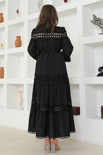 moda selvim SUAL Dantel Detaylı Krep Elbise 2323JNF844 Siyah - Thumbnail